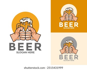 Beer Mug Vintage logo design vector, Fresh Beer with hand vector Logo icon Illustration