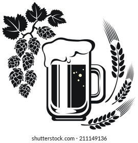 Beer mug and wheat ear and hops on a white background.