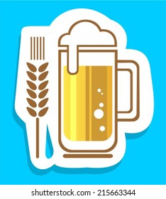 Beer mug and wheat ear isolated on a blue background.