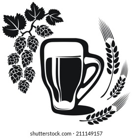 Beer mug with wheat ears and hops isolated on a white background.