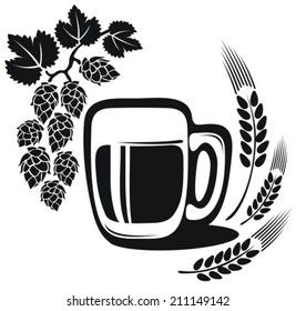 Beer mug and wheat ears isolated on a white background.