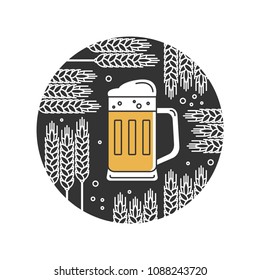 Beer mug and wheat. Vector linear icon in a circle on a dark background.