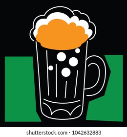 Beer in a mug white mono line square vector illustration sketch on black and green background