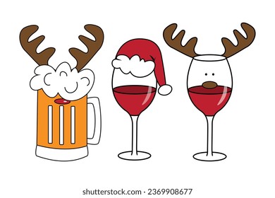 Beer mug and wine glass in reindeer antler and santa hat. Funny hand drawn Christmas glass set.