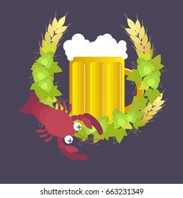 Beer mug with wreath of hops, rye and boiled cancer on dark background. Vector illustration.