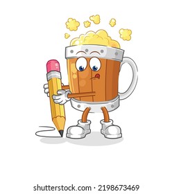 the beer mug write with pencil. cartoon mascot vector