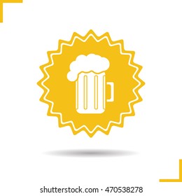 Beer mug yellow sticker. Pub and bar emblem. Foamy beer glass icon. Vector silhouette symbol
