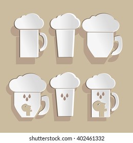 Beer  mugs application. Set of cartoon beer mugs. Scrub booking style.