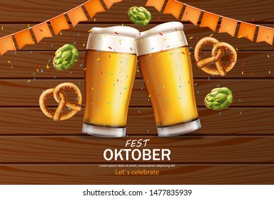 Beer mugs banner October fest Vector realistic. Fresh sparkling beer with pretzel wooden background. 3d detailed illustration template