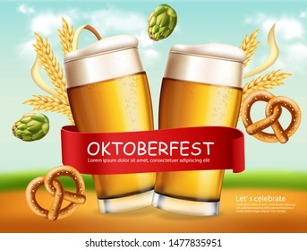 Beer mugs banner October fest Vector realistic. Fresh sparkling beer with pretzel. 3d detailed illustration template