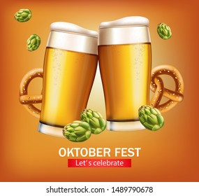 Beer mugs banner October fest Vector realistic. Fresh sparkling beer with pretzel. 3d detailed illustration template