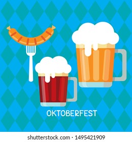 Beer mugs and Bavarian sausage on blue background. Oktoberfest beer festival in the Munich, Germany. Vector illustration. Design element for flyer, banner, leaflet or poster.