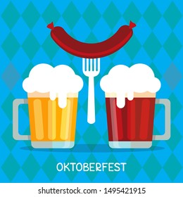 Beer mugs and Bavarian sausage on blue background with stylized Bavarian flag. October beer festival in the Munich, Germany. Vector illustration. Design element for flyer, banner, leaflet or poster.