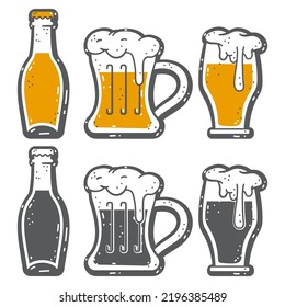 Beer mugs and bottles vector cartoon icons set isolated on a white background.