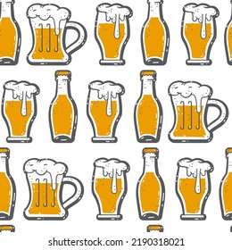 Beer mugs and bottles vector seamless pattern on a white background.