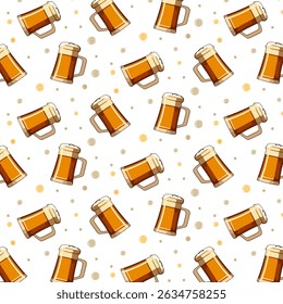 Beer mugs and bubbles.Vector seamless pattern with beer mugs and bubbles on a white background.