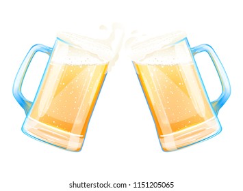 Beer Mugs Cheers with Splashes of Foam