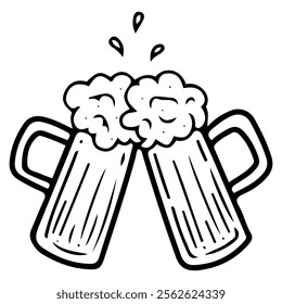 Beer mugs clinking hand drawn doodle. Alcoholic malt drink. Foam splashes. Oktoberfest. Glassware. Glass with handle. Intoxicating water. Vector line art illustration.