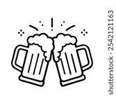 Beer Mugs Clinking Outline Icon, Black and white outline icon of two beer mugs clinking together, representing celebration, friendship, and social gatherings.