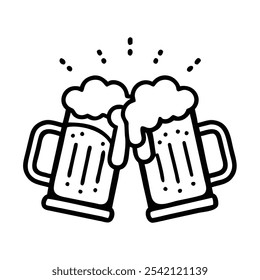 Beer Mugs Clinking Outline Icon, Black and white outline icon of two beer mugs clinking together, representing celebration, friendship, and social gatherings.