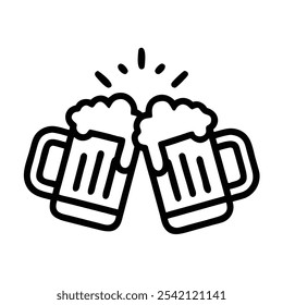 Beer Mugs Clinking Outline Icon, Black and white outline icon of two beer mugs clinking together, representing celebration, friendship, and social gatherings.