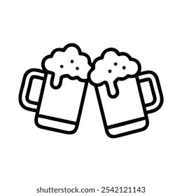 Beer Mugs Clinking Outline Icon, Black and white outline icon of two beer mugs clinking together, representing celebration, friendship, and social gatherings.