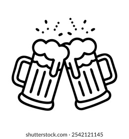 Beer Mugs Clinking Outline Icon, Black and white outline icon of two beer mugs clinking together, representing celebration, friendship, and social gatherings.