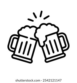 Beer Mugs Clinking Outline Icon, Black and white outline icon of two beer mugs clinking together, representing celebration, friendship, and social gatherings.