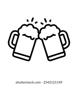 Beer Mugs Clinking Outline Icon, Black and white outline icon of two beer mugs clinking together, representing celebration, friendship, and social gatherings.