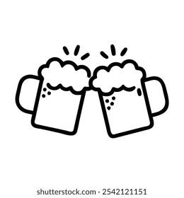 Beer Mugs Clinking Outline Icon, Black and white outline icon of two beer mugs clinking together, representing celebration, friendship, and social gatherings.