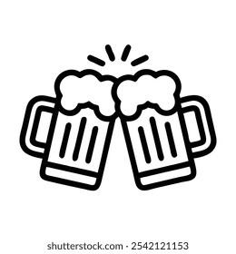 Beer Mugs Clinking Outline Icon, Black and white outline icon of two beer mugs clinking together, representing celebration, friendship, and social gatherings.