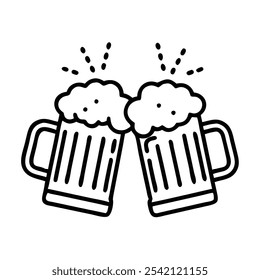 Beer Mugs Clinking Outline Icon, Black and white outline icon of two beer mugs clinking together, representing celebration, friendship, and social gatherings.