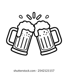 Beer Mugs Clinking Outline Icon, Black and white outline icon of two beer mugs clinking together, representing celebration, friendship, and social gatherings.