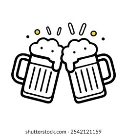 Beer Mugs Clinking Outline Icon, Black and white outline icon of two beer mugs clinking together, representing celebration, friendship, and social gatherings.