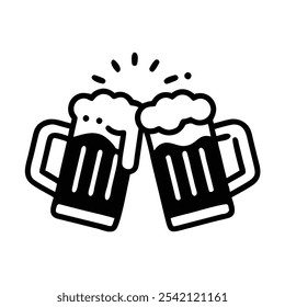 Beer Mugs Clinking Outline Icon, Black and white outline icon of two beer mugs clinking together, representing celebration, friendship, and social gatherings.