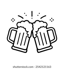 Beer Mugs Clinking Outline Icon, Black and white outline icon of two beer mugs clinking together, representing celebration, friendship, and social gatherings.