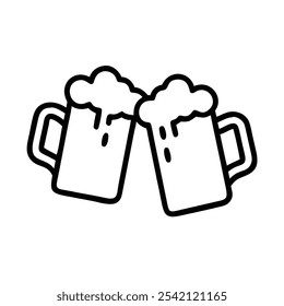 Beer Mugs Clinking Outline Icon, Black and white outline icon of two beer mugs clinking together, representing celebration, friendship, and social gatherings.