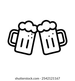 Beer Mugs Clinking Outline Icon, Black and white outline icon of two beer mugs clinking together, representing celebration, friendship, and social gatherings.