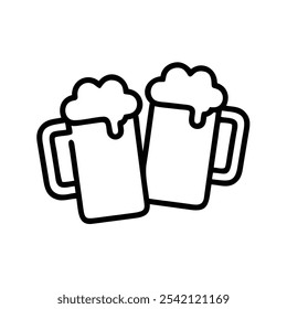 Beer Mugs Clinking Outline Icon, Black and white outline icon of two beer mugs clinking together, representing celebration, friendship, and social gatherings.