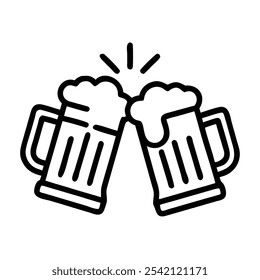 Beer Mugs Clinking Outline Icon, Black and white outline icon of two beer mugs clinking together, representing celebration, friendship, and social gatherings.