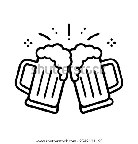 Beer Mugs Clinking Outline Icon, Black and white outline icon of two beer mugs clinking together, representing celebration, friendship, and social gatherings.