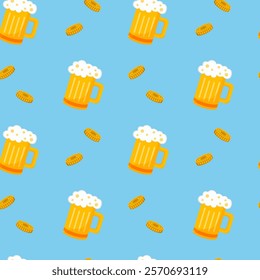 Beer mugs and coins designed in a seamless flat pattern style, placed on a bright blue background, symbolizing celebration and fun