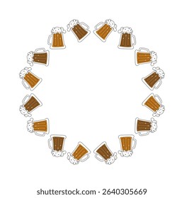 Beer mugs. Beer day, banner, round frame, holiday, beer festival. Drawing, line art, beverages, line icons. Place for text. Background isolated.