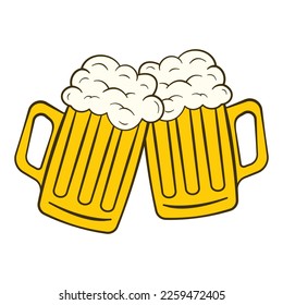 Beer mugs with foam. Cartoon. Vector illustration. Isolated on white background