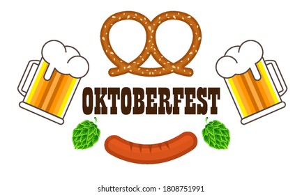 Beer mugs with foam and grilled pretzel sausages for oktoberfest, vector art illustration.
