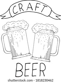 beer mugs with foam and lettering craft hand drawn vector doodle. sketch, Scandinavian, minimalism, monochrome. template poster, label, banner, sticker, card. drink, menu, bar