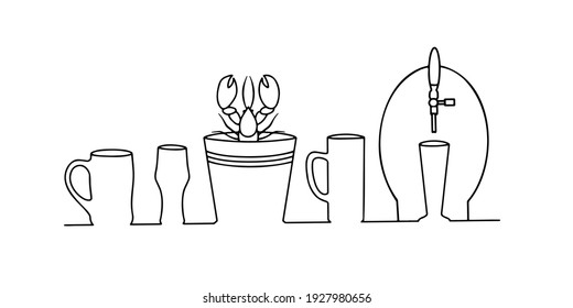 Beer mugs and glasses, a crayfish bucket and a barrel for cooling and pouring beer are lined up and drawn with a continuous line. Vector illustration. Line art. 