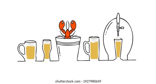 Beer mugs and glasses, crayfish bucket and barrel for cooling and pouring beer are lined up and drawn with a continuous line.  Vector illustration.  Line art.