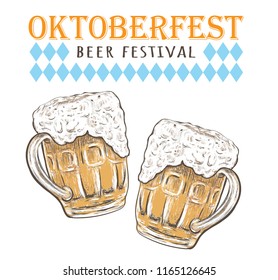 Beer mugs hand drawing. Oktoberfest vector illustration