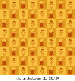 Beer mugs and hop seamless pattern, vector Oktoberfest background